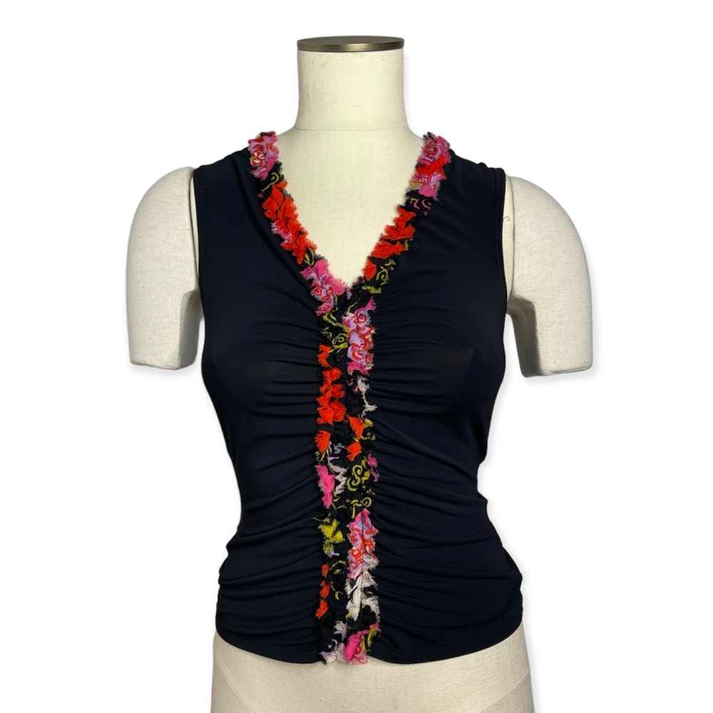 Vtg Trina Turk Black Floral Trim Cinched Front Sleeveless Size S Y2K Retro Fairy